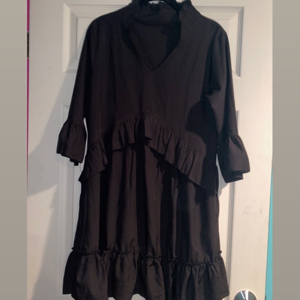 Black Ruffle V-neck Flowy Dress